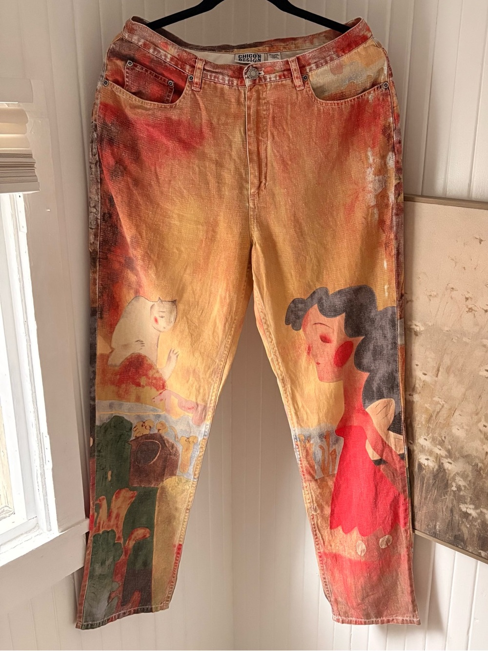 Chico's vintage Artsy Hand-Painted Straight Leg high waist Jeans in Yellow & Red
